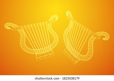 Ancient lyre or harp musical instrument. Music concept. Wireframe low poly mesh vector illustration.