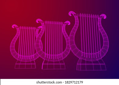 Ancient lyre or harp musical instrument. Music concept. Wireframe low poly mesh vector illustration.