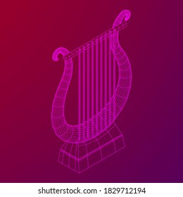 Ancient lyre or harp musical instrument. Music concept. Wireframe low poly mesh vector illustration.