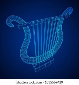 Ancient lyre or harp musical instrument. Music concept. Wireframe low poly mesh vector illustration.