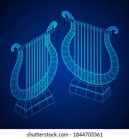 Ancient lyre or harp musical instrument. Music concept. Wireframe low poly mesh vector illustration.