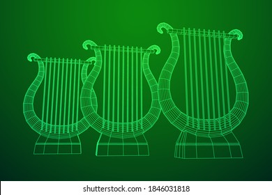 Ancient lyre or harp musical instrument. Music concept. Wireframe low poly mesh vector illustration.