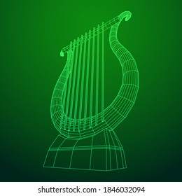 Ancient lyre or harp musical instrument. Music concept. Wireframe low poly mesh vector illustration.