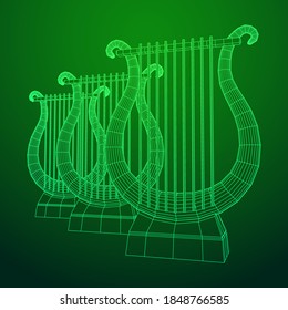 Ancient lyre or harp musical instrument. Music concept. Wireframe low poly mesh vector illustration.