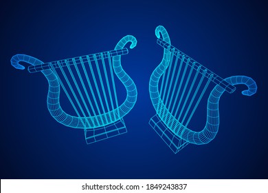 Ancient lyre or harp musical instrument. Music concept. Wireframe low poly mesh vector illustration.
