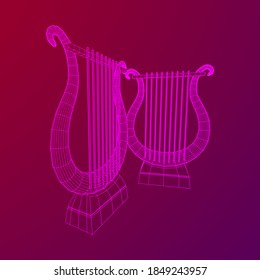 Ancient lyre or harp musical instrument. Music concept. Wireframe low poly mesh vector illustration.