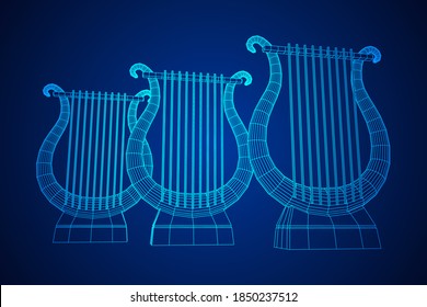 Ancient lyre or harp musical instrument. Music concept. Wireframe low poly mesh vector illustration.