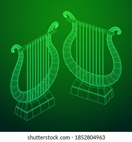 Ancient lyre or harp musical instrument. Music concept. Wireframe low poly mesh vector illustration.