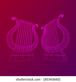 Ancient lyre or harp musical instrument. Music concept. Wireframe low poly mesh vector illustration.