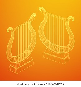 Ancient lyre or harp musical instrument. Music concept. Wireframe low poly mesh vector illustration.