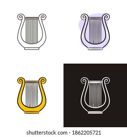 Ancient lyre icons set isolated on white background. Hand-drawn contour harp icon in doodle style, flat and chalk on a black board. Vector illustration for history, culture, antiquity, music.