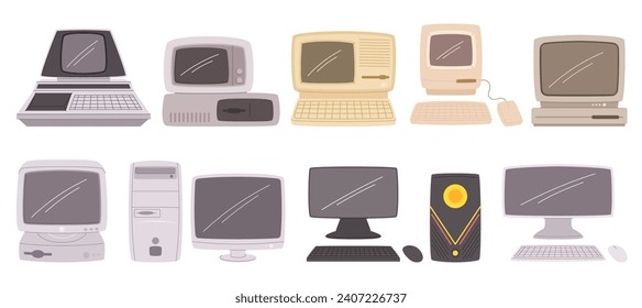 From Ancient Machines To Modern Devices, Computer Evolution Spans Decades, Advancing Through Generations, From Mainframes To Personal Computers And Smart GAdgets. Cartoon Vector Illustration, Set