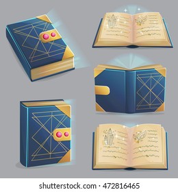 Ancient Magic Book With Alchemy Recipes And Mystic Spells And Enchantments, Dusty Old Pages And Mysterious Cover, Different Positions, Front, Back, Open, Closed. Game, Graphic And App Design Elements.