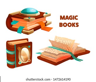 Ancient magic book with mystic spells and witchcraft, torn pages with ink lettering. Book at different positions open closed. Elements games, graphic, app design elements isolated vector illustration