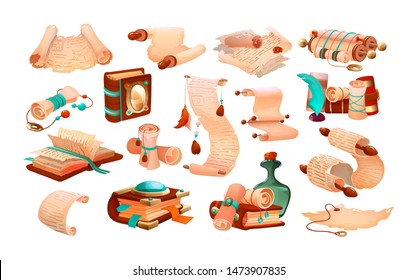 Ancient magic book with mystic spells, papyrus parchments scroll, old mystical paper with wax seals, magic potion set. Elements games, graphic and app design elements isolated vector illustration
