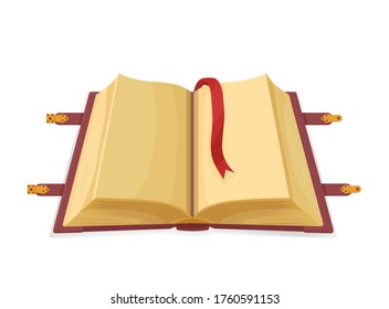 Altes Zauberbuch offen. Mystische mittelalterliche leere Band mit alten Wissen arcane Magie unsichtbare einfache Augen rote Lesezeichen schützende Cartoon klappert Informationen öffnen Vektorportale nennen Drachen.