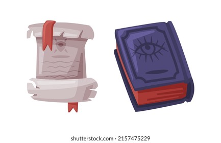 Ancient magic book and ancient paper scroll. Witchcraft attributes, halloween objects cartoon vector illustration