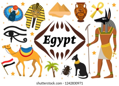 Ancient magic Egypt set icons objects. Collection design elements witch sorrow beetles, Pharaoh, pyramid, ankh, Anubis, camel, antique hieroglyph. Isolated on white background. Vector illustration