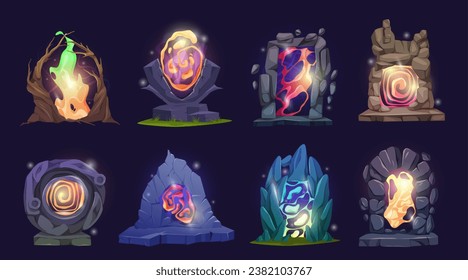 Ancient magic portals and gates to other world. Isolated fantasy doors with glowing and beaming surface, entrance made of stones for time and place traveling. Vector fantasy game design