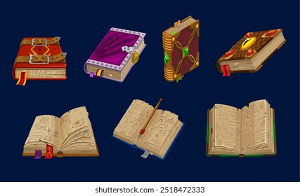 Ancient magic spell book, medieval game book icons, fantasy manuscript and old parchment with vintage ink pen, vector UI or GUI assets. Cartoon open and closed spellbooks with ribbons, gems and locks