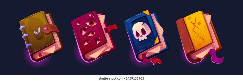 Ancient magic spell books set isolated on black background. Vector cartoon illustration of medieval volumes with old leather covers decorated with eyes, skull, hieroglyph, mysterious wizard literature