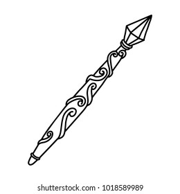 ancient magic wand with metal ornaments and sparkling drakocene stone. Vector cartoon illustration for stickers, pins and print