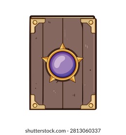 Ancient magical book with a glowing purple gem on a golden crest, depicting mysticism, mystery, and lore for a mythical narrative or game element