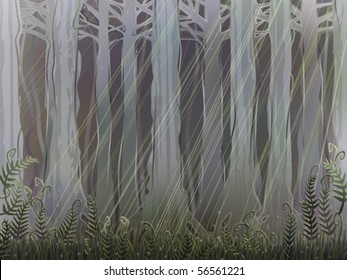 Ancient magical forest understory with a few sunrays piercing through the thick canopy (AI-optimized EPS 8 file, other landscapes are in my gallery)