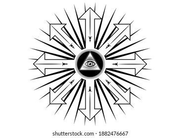 Ancient magical sigil, occult mystic symbol of chaos for witchcraft and black magic. Sacred Masonic all Seeing eye, the third eye. The Big brother concept. Vector tattoo isolated on white background 