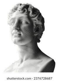 ancient male bust sculpture isolated on white background in retro grunge halftone dotted texture vintage cut out black white collage element for mixed media design