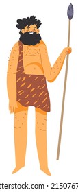 Ancient male characters from old and primitive civilizations, isolated primeval man holding handmade spear for hunting and survival. Barbarian and wilderness, authentic dweller. Vector in flat style