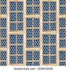Ancient maltese trellis windows with stone brick frames. Vector repeated seamless pattern