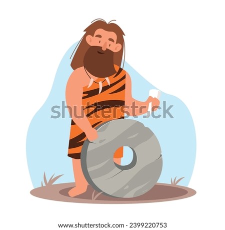 Ancient man with beard makes wheel out of stone. Stone age people, tiger skin clothes. Prehistoric time character and primitive inventions. Cartoon flat isolated illustration. Vector concept
