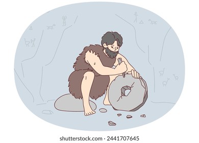 Ancient man with beard who lives in cave uses stone tool to create wheel. Neanderthal man in cloak made of animal skin invents primitive devices for grinding grain. Flat vector illustration