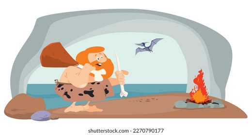 Hombre antiguo en una cueva. La vida de los neandertales. Atraviesa el fuego. Gente divertida. 