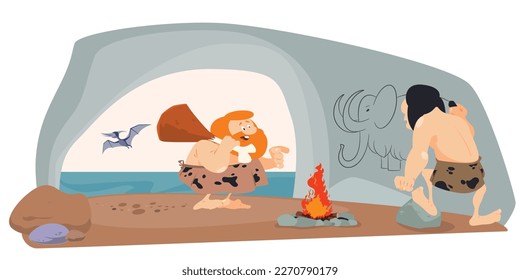 Ancient man in a cave. Life of Neanderthals. Cavemen by the fire. Funny people. 