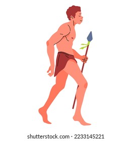 Alte Menschenfigur mit Speerbegriff Caveman, Stamm und Steinzeit, flacher Vektorgrafik