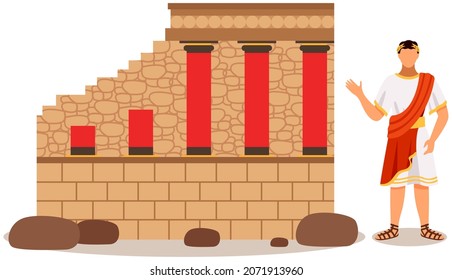Ancient man dressed in traditional clothes of emperor stand near antique ruined building with columns in town square. Greek man historical character stand near antique monument of architecture