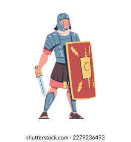 Ancient Man Gladiator as Roman Character with Shield and Sword Vector Illustration