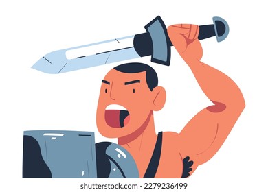 Ancient Man Gladiator as Roman Character with Shield and Sword Vector Illustration