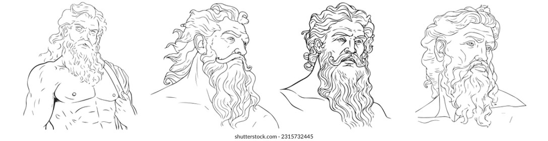 Ancient man greek god Poseidon vector silhouette illustration of acient male