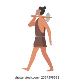 Ancient man with handmade hammer. Stone age people and lifestyle vector illustration