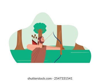 Ancient man hunting with archery, primitive survival. Character design. Vector flat illustration