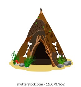 Ancient man hut. Prehistoric house from skins vector illustration or indian native wigwam isolated on white background