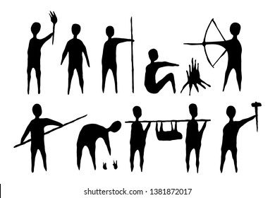 Ancient man life style in old painting silhouette vector