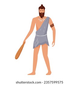 Ancient man with primitive instrument. Stone age hunting tools, primitive lifestyle vector illustration