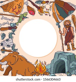 Ancient man set, stone age cartoon caveman vector illustration. Historic primitive dweller, anciently stoneage human. Cave, mammoth and neanderthal