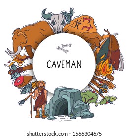 Ancient man set, stone age cartoon caveman vector illustration. Historic primitive dweller, anciently stoneage human. Cave, mammoth and neanderthal
