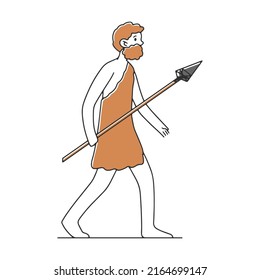 Ancient man with spear in hand. flat vector illustration. Humankind progress from caveman as ancestor. Human evolution theory Anthropology concept