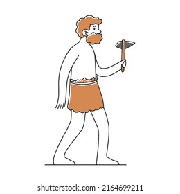 Ancient Man With Stone Axe. Flat Vector Illustration. Humankind Progress From Caveman As Ancestor. Human Evolution Theory Anthropology Concept